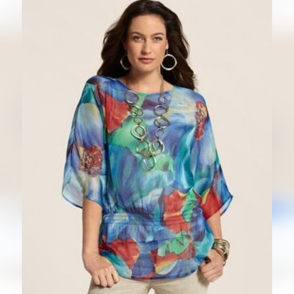 Chico's Watercolor Floral Tropical Sheer Flowy Top